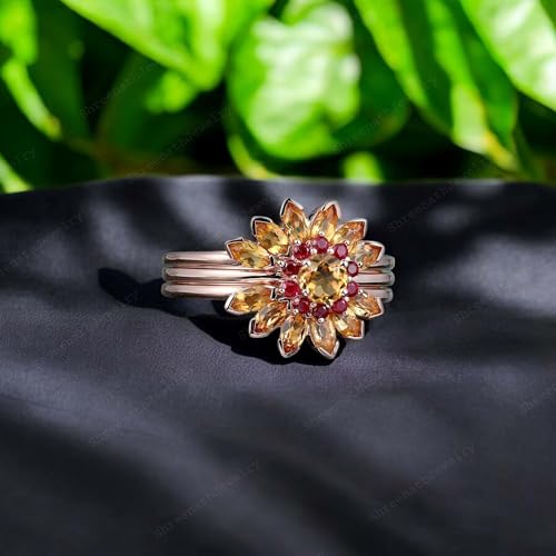 Vintage Multi Gemstone Wedding Ring Set 18k Solid Gold Ring Set Citrine Ruby Floral 3 pcs Ring Set Art Deco Bridal Jewelry Family Birthstone Ring Set Gift for Wife3