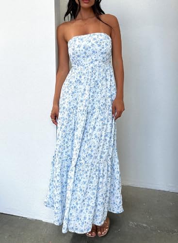 Image of Women Floral Print Maxi Tube Dress Strapless Flowy Long Bandeau Dress Y2K Open Back Sundress Summer Beachwear