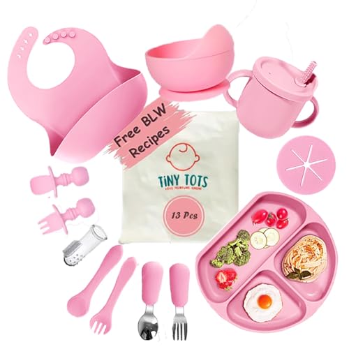 Image of TinyTots Silicone Baby Feeding Set 13 pcs with BLW Recipes. Baby Plates and Bowls Set, Baby & Toddler Spoons Set, Sippy Cup & Lid, Silicone Bib, Baby Toothbrush (6+ Months)