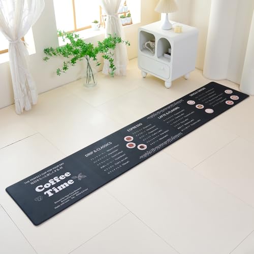Koniroom キッチンマット 45×240cm カフェメニュー柄 ブラック 撥水 防汚 防炎 抗菌 滑り止め PVC素材 クッション性あり 厚さ10mm 拭き取り簡単 おしゃれ 台所マット