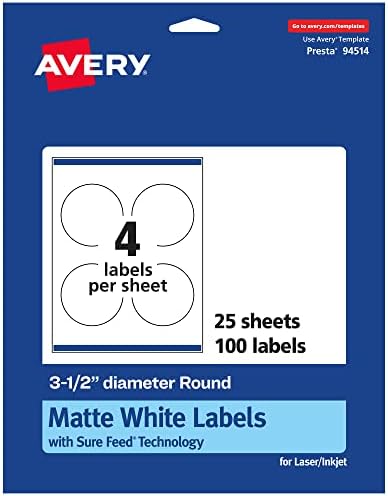 Avery Matte White Round Labels with Sure Feed, 3.5" Diameter, 100 Matte White Printable Labels
