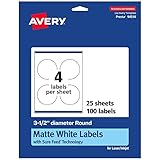 Avery Matte White Round Labels, Sure Feed Technology, 3.5' Diameter, 100 Matte White Printable Labels