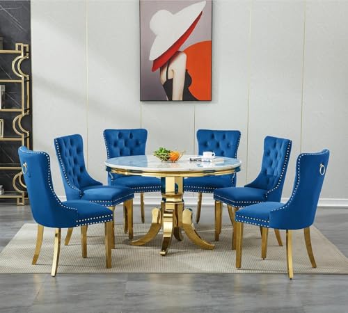 Image of 7-Piece Round Dining Table Set for 6, 45 inch Faux Marble Kitchen Tables Set with 6 Blue Tufted Chairs, White Gold Circle Dining Table with Steel American-Base, Round Dining Room Table Set for 6