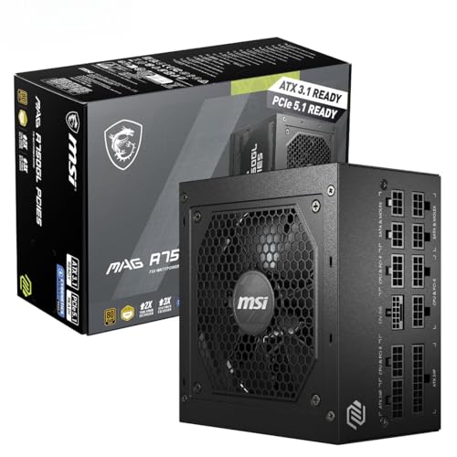MSI MAG A750GL PCIE5 Power Supply Unit, 750W, 80 Plus Gold, Fully Modular, ATX 3.0, PCIe 5.0 GPU Support, Black Flat Cables, 7 Year Warranty