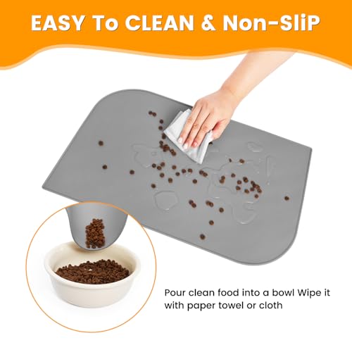 LDYOEN Dog Bowl Mat, Waterproof Dog Bowl Mat, Cat Bowl Mat with Raised Edges, Silicone Pet Mat BPA Free (Grey, 48 x 30 cm) - Image 3