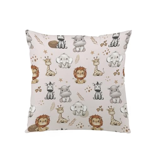 Afro Jungle Safari Animals Retro Stars Decorative Nursery Pillowcase Throw Pillow Cover Baby Boy Girl Lion Elephant Giraffe Zebra Hippo Cushion Cover for Kids Room Toddler Playroom Classroom 18''x18''