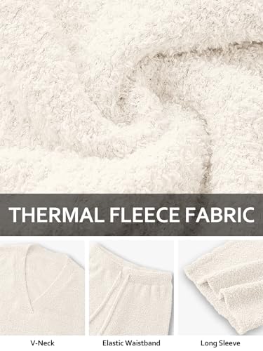 NORACORA Womens 2 Piece Fuzzy Fleece Pajamas Lounge Sets Long Sleeve V Neck Fluffy Pjs Matching Loungewear Off-white — view 6