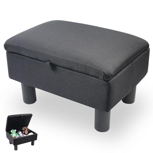 Gemsaya Leinen Pouffe-Fußhocker mit Stauraum, Leinenstoff-Pouf mit Holzbeinen, Aufbewahrungsbox Sitzwürfel mit Deckel für Wohnzimmer Schlafzimmer Flur (Schwarz)