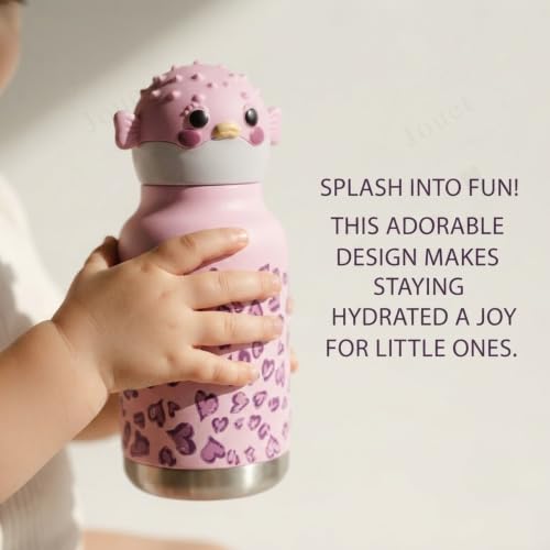 Image of JOUET Kids Stainless Steel Water Bottle 280ml with Cute Pink Fish Character Lid, Leakproof Drinking Bottle for School, Travel & Daily Use