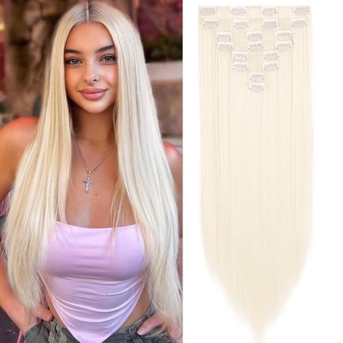Mscat 20 Inch Clip in Hair Extensions 8Pieces/Set Platinum Blonde Straight Hair pieces hair extensions Natural Soft Synthetic Hairpieces for Women(60#)