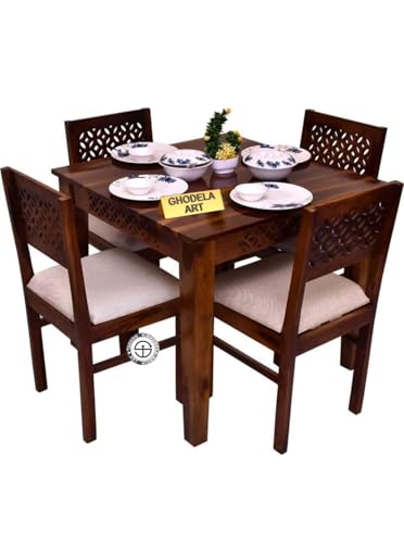 Image of Sheesham Wood Oval Dining Table with Cushion Chairs Set for Home Hall | Solid Wood Dinner Table with Chairs for Hotels | Dining Room Sets (Honey Finish, 4 Seater)