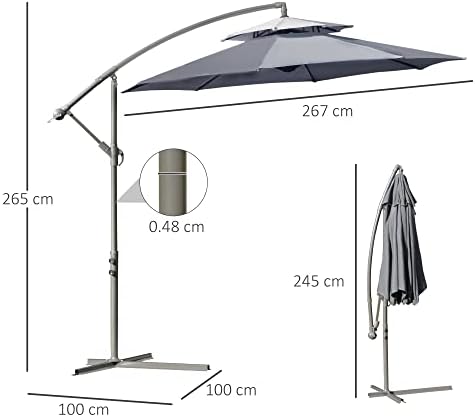 Outsunny 2.7m Garden Banana Parasol Cantilever Umbrella with Crank Handle, Double Tier Canopy and Cross Base for Outdoor, Hanging Sun Shade