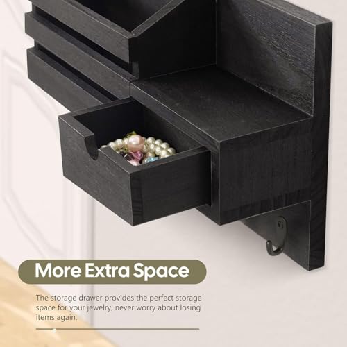 Image of Wooden Wall Mounted Key Holder with Hooks and Organizer Shelf Wall Rack for Letters Wallets and Accessories Home and Office Wall (Black, Drawer Organizer)