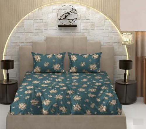 Image of 3D Print 180 TC Cotton Feel All Around Elastic Fitted Bedsheets King Size, for Double Bed with 2 Pillow Covers, Size- 78 inch x 72 inch (Green Flower)