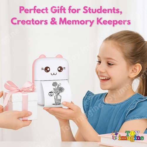 Image of Toy Imagine Mini Portable Thermal Printer - Bluetooth Pocket Printer for Kids & Adults, 57mm Inkless Photo & Label Printer with (1 Roll + 1 Extra Roll) Prints B&W Notes & Stickers (Assorted)