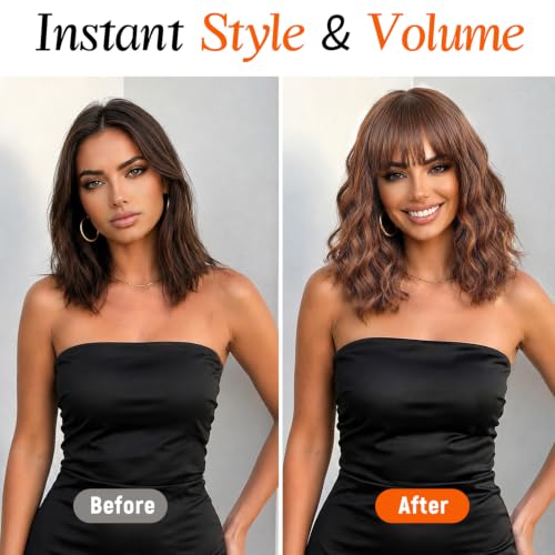 Image of Nnzes Brown Wigs for Women 16 Inch Synthetic Short Curly Wig with Bangs