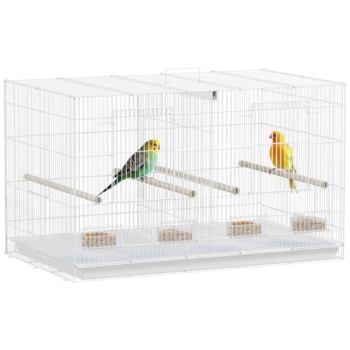 PawHut Jaula para Pájaros con Divisor 76x46x46 cm Pajarera con 4 Comederos 4 Perchas y Bandeja Extraíble Jaula para Loros Canarios Periquitos Blanco