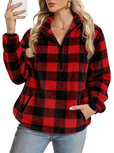 Koerye Sudaderas Mujer Suelto Sólido Manga Larga Suéter con Bolsillos Sudadera Cremallera y Bolsillos Pullover Caliente Chaquetas Tops Otoño Invierno A Cuadros Rojos,XL