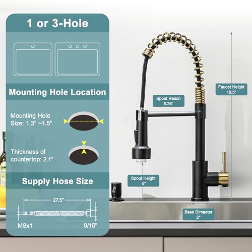 Image of GIMILI Black and Gold Kitchen Faucet with Soap Dispenser Single Hole Pull Down Sprayer LED Faucet, Suitable for Farmhouses, RV, Laundry Room, Outdoor, and Campers. Llave para fregadero de cocina