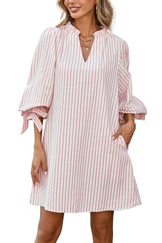 Striped Dress for Women V Neck 3/4 Bow Puff Sleeve Summer A Line Flowy Shirt Dress with Pockets2