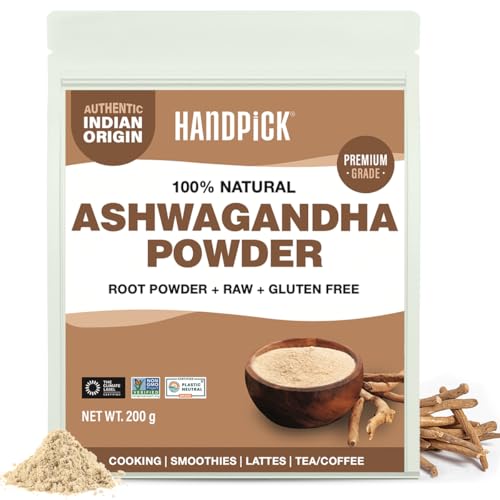 HANDPICK Ashwagandha Root Powder (200g/7oz) Withania Somnifera | Finest Grade A Root Powder | Non-GMO Vegan & Raw from India | Packed in Resealable Zip Lock Pouch