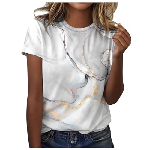 Shirts Damen Sommer Große Größen Rundhals Kurzarm T-Shirts Mode Bunte Drucken Lose Tunika Bluse Sommershirts Teenager Mädchen Sportshirt Casual Blusenshirt Oberteile Tops