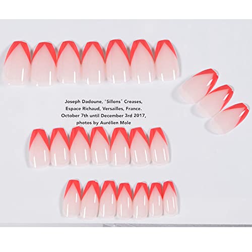 BELICEY Pink Press on French Nails Medium Coffin Fake Nails Glossy Wedding Party Full Cover Acrylic Ballerina Arts False Nails Tips for Women & Teen Girls 24PCS (Red V Sharp)