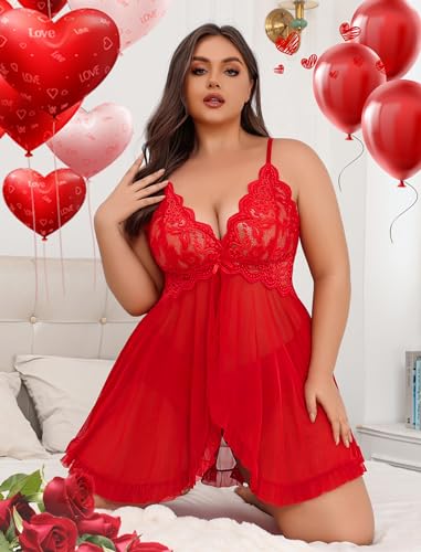 Image of Avidlove Plus Size Lingerie for Women Sexy Lingerie Dress Lace Babydoll Lingerie V-Neck Open Front Strap Nightdress