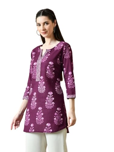 Image of Amazon Brand - Tavasya Women Floral Printed Round Neck Pure Cotton Regular Fit Kurti | Everyday & Office Wear Kurta | Modern Ethnic Top