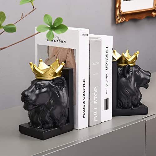 Kakizzy Lion Bookends, Luxurious Modern Bookends Decorative Book Ends To Hold Books Heavy Duty Sturdy Bookshelf Ends Holder For Kids Rooms Resin Animal Figurine Statue For Shelves Decor, Black #TOP3