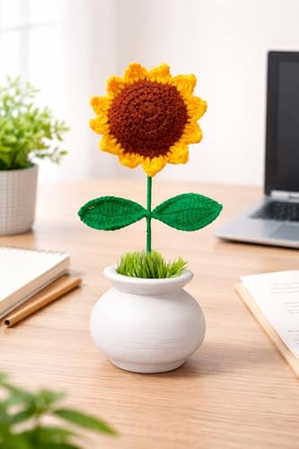 Image of Handmade Crochet Sunflower Pot - Eco-Friendly Knitted Flower Plant, Perfect Decorative Piece for Home, Office Table & Gifting Purpose (Brown)