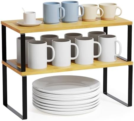 SpaceAid Cabinet Shelf Organizers 2 Pack, Kitchen Counter Rack Shelves Riser, Stackable Expandable Spice Rack, Pantry Cupboard Storage Organization (Bamboo and Black, Long)