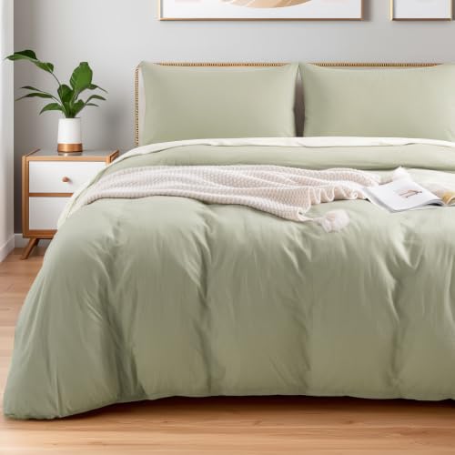 NEXHOME PRO Twin Duvet Cover Set 100% Certified Organic Cotton with Washed Feel & Linen-Like Texture Comfortable & Breathable Home Bedding Set Sage Green (No Comforter)