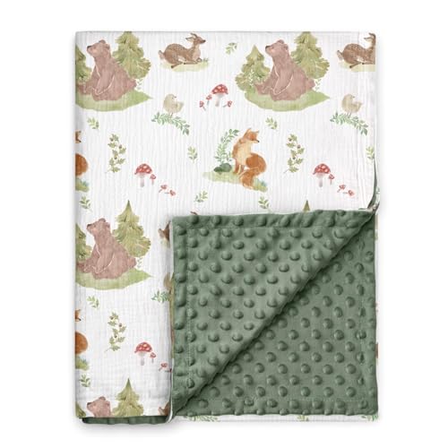 GLLQUEN BABY Blankets for Unisex Newborn Super Soft Nursery Minky Blankets with Muslin Cotton Front and Dotted Fleece Backing, Forest Stories, 30 x 40...