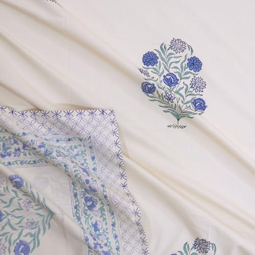 Image of TOAI Hand Block Printed Bedsheet | Bed Spread Flatsheet Bed Sheet | Pure Cotton | King Size 108 inchx108 inch | 300 TC Long Staple Cotton | 2 Reversible Pillow Covers |Mughal Motif on Beige