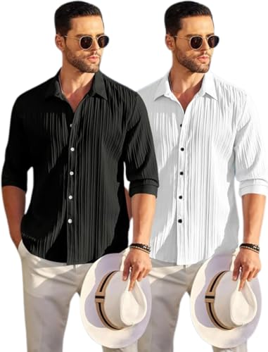 Image of FINIVO FASHION Combo of Men's Casual Cotton Plain Button Down Shirt Long Sleeve Textured Summer Beach Shirt for Men Pack of 3