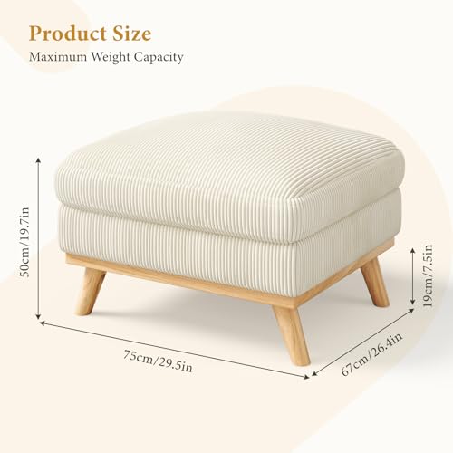 Image of Vesgantti Large Ottoman for Modular Sofa, 29.5 inch Corduroy Pouf Ottoman with Spring Cushion, Rectangle Foot Rest for Couch, Entrance Footstool with Wood Legs, Footstool for Living Room, Bedroom, Beige