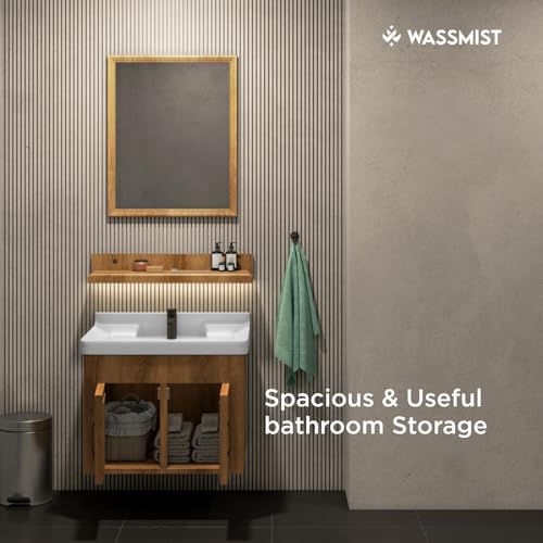 Image of WASSMIST Bathroom Vanity Washbasin Cabinet with Mirror & Shelf | Wall Mounted Wash Basin with Cabinet Full Set | Waterproof & Unbreakable (Brown)