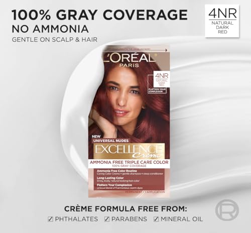 Image of L'Oreal Paris Excellence Universal Nudes Permanent Hair Color, Ammonia Free Hair Dye for Gray Hair Coverage, 4NR Natural Dark Red, 1 Hair Dye Kit