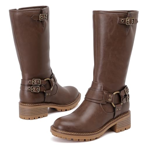 Women's Mid Calf Boots, Flat Casual Round Toe Booties Fashion Buckle Dressy Fall and Winter Low Heeled Boots for Women.2