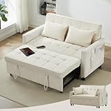 Tbfit 57' Convertible Sofa Bed, Chenille Futon Sleeper Sofa Couch with Pullout Bed, USB & Adjustable Backrest, Full Size Pull Out Loveseat Couches for Living Room, Apartment, Office, Dorm, Beige