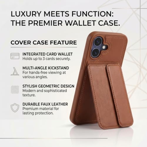 Image of amazon basics Luxury Vegan Leather Back Cover for iPhone 17 | Built-in Card Holder Slot | Integrated Mobile Stand | Slim Shockproof Protective Case with Stitched Finish - Brown