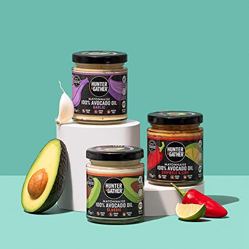 Hunter & Gather Avocado Oil Keto Seed Oil Free Mayonnaise Variety Pack 3x175g | 1xClassic, 1xGarlic, 1xChipotle & Lime | Made with Pure Avocado Oil & Free Range British Egg Yolk | Gluten & Sugar Free
