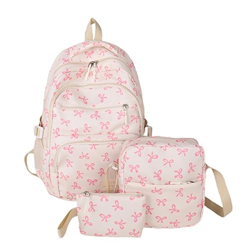 3 Pcs Set Bow Backpack for Girls, Aesthetic Daypack Nylon Rucksack Bags, Kawaii Backpack with Bows (Pink)