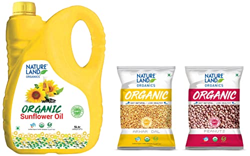 Image of Natureland Organics Sunflower Oil Jar, 5 L & Arhar /Toor Dal Pouch, 1 kg & Natureland Organics Whole Peanuts / Groundnuts 500 Gm - Organic Peanuts
