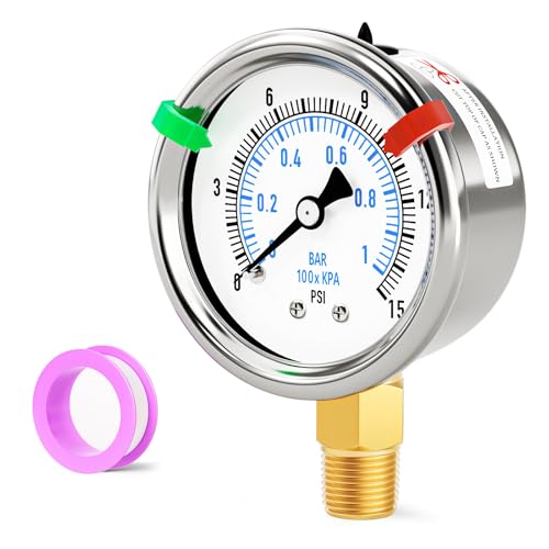 Image of 0-15Psi Stainless Steel Dry Low Pressure Gauge 1 /4 inch NPT 2 inch Dual Scale Dial, Lower Mount, Waterproof for Water Oil Air Well pump, compressors, Tire Gas Pressure Test (with Range Mark Pointer)