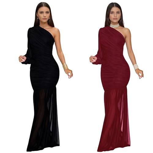 Image of Jigfar Women Sexy Elegant Sheer Mesh One Shoulder Ruched Single Sleeve Bodycon Formal Party Night Maxi Dress(6016,Wine Red,M)