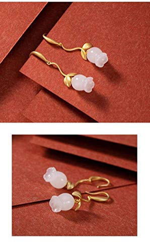 Boucles d'oreilles en jade blanc véritable et convallaria de style chinois - 3