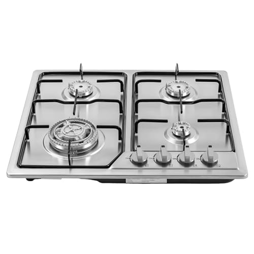 Donened Hornillo de gas de acero inoxidable, estufa integrada de 4 quemadores con apagado automático de gas, para uso doméstico y comercial, plata