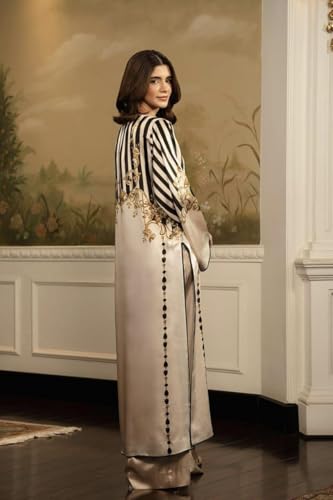 Image of Co-ord Set for Women | Japan Satin Silk with Stylish Digital Prints | Full Sleeves Top (38 inch) & Palazzo Pants (40 inch) | Elegant Daily & Casual Wear | Black and Cream